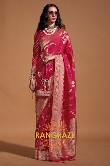 Crimson Red Woven Banarasi Goergette Silk Saree