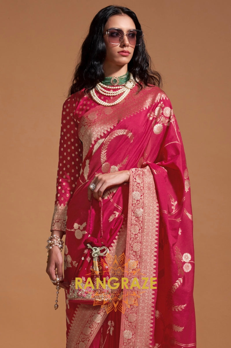 Crimson Red Woven Banarasi Goergette Silk Saree