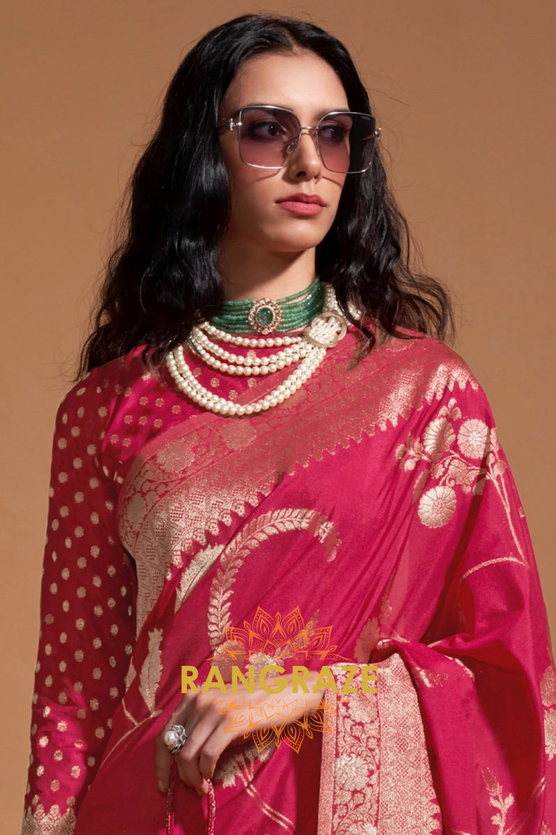 Crimson Red Woven Banarasi Goergette Silk Saree