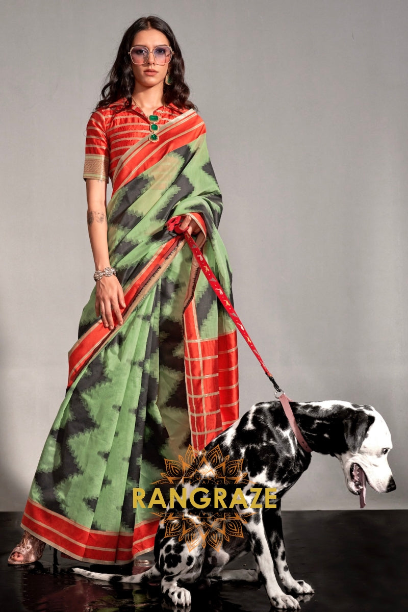 Mint Green and Black Handwoven Banarasi Soft Silk Saree