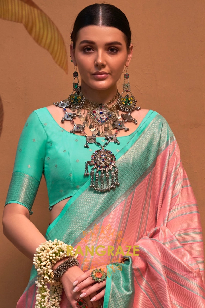 Peach Pink And Teal Green Banarasi Silk Saree