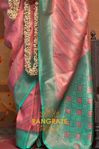 Peach Pink And Teal Green Banarasi Silk Saree