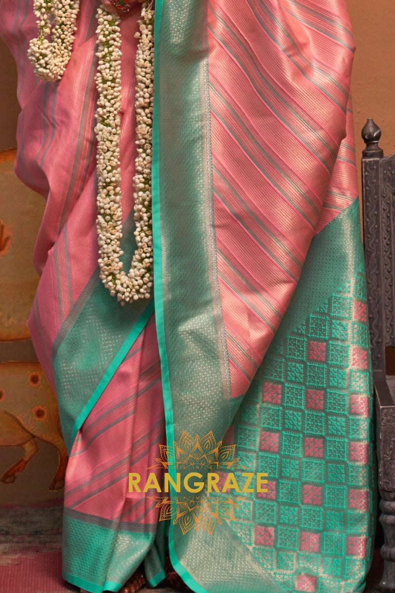 Peach Pink And Teal Green Banarasi Silk Saree