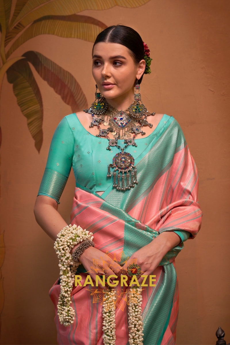 Peach Pink And Teal Green Banarasi Silk Saree