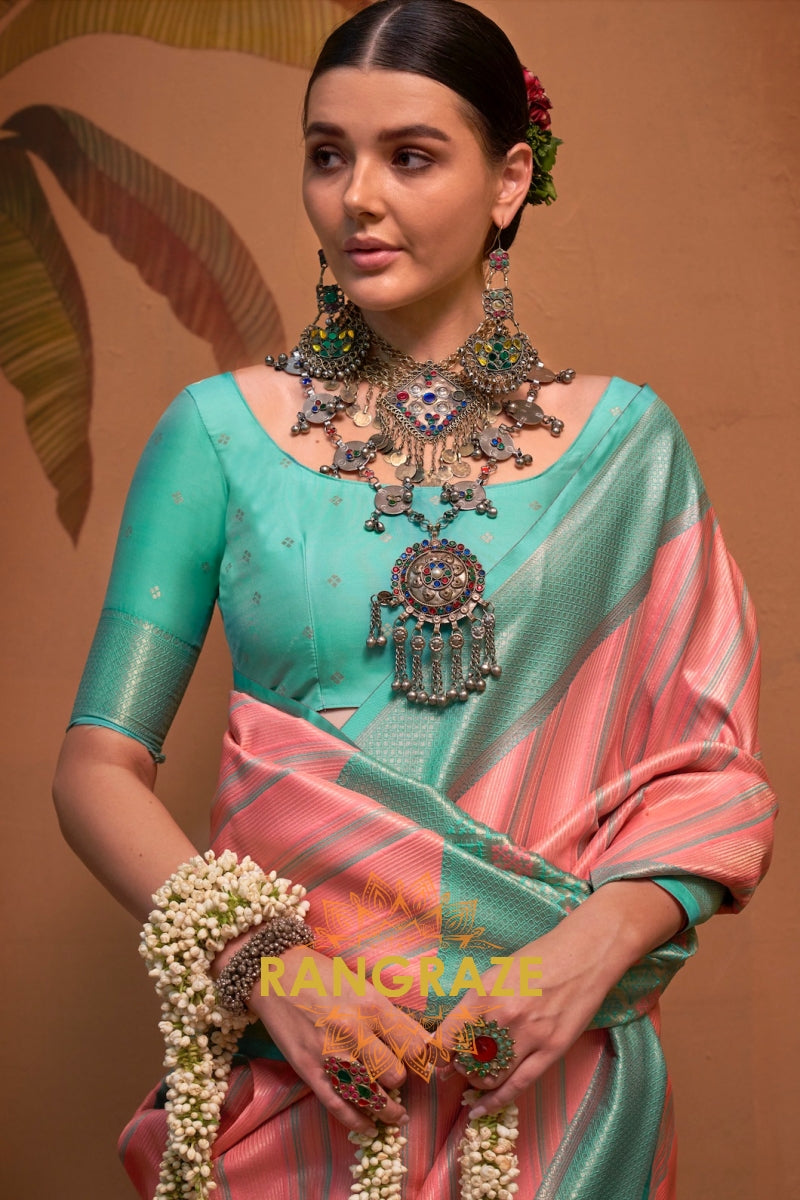 Peach Pink And Teal Green Banarasi Silk Saree