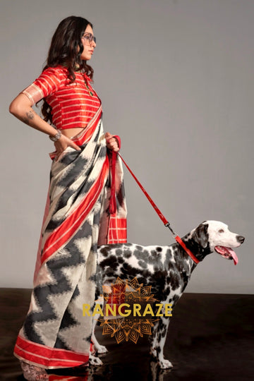 Pearl White and Black Handwoven Banarasi Soft Silk Saree