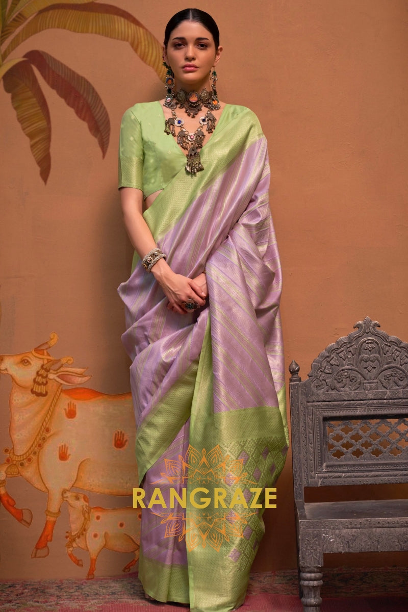 Lilac Purple And Olive Green Banarasi Silk Saree