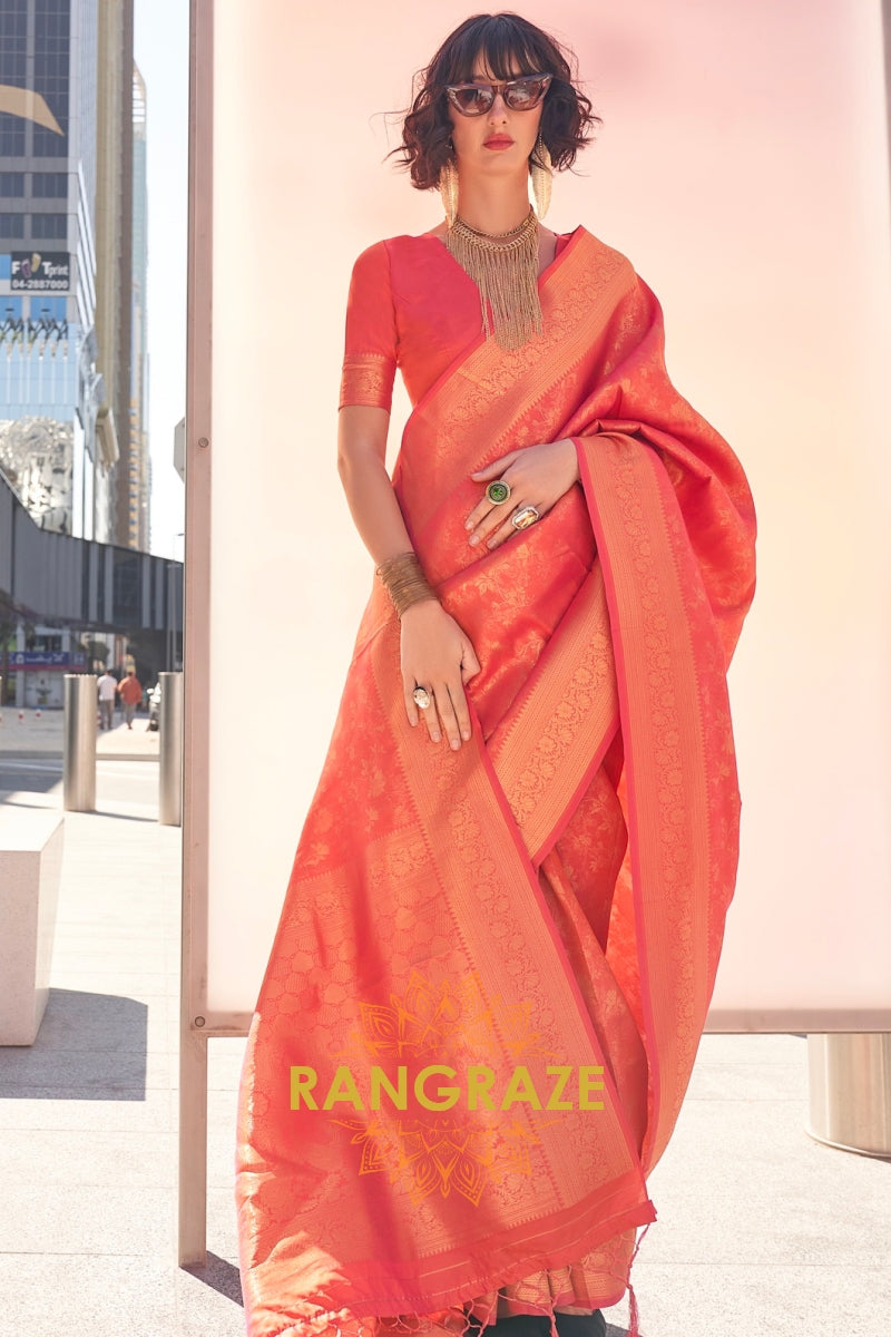 Coral Orange Banarasi Silk Handloom Saree