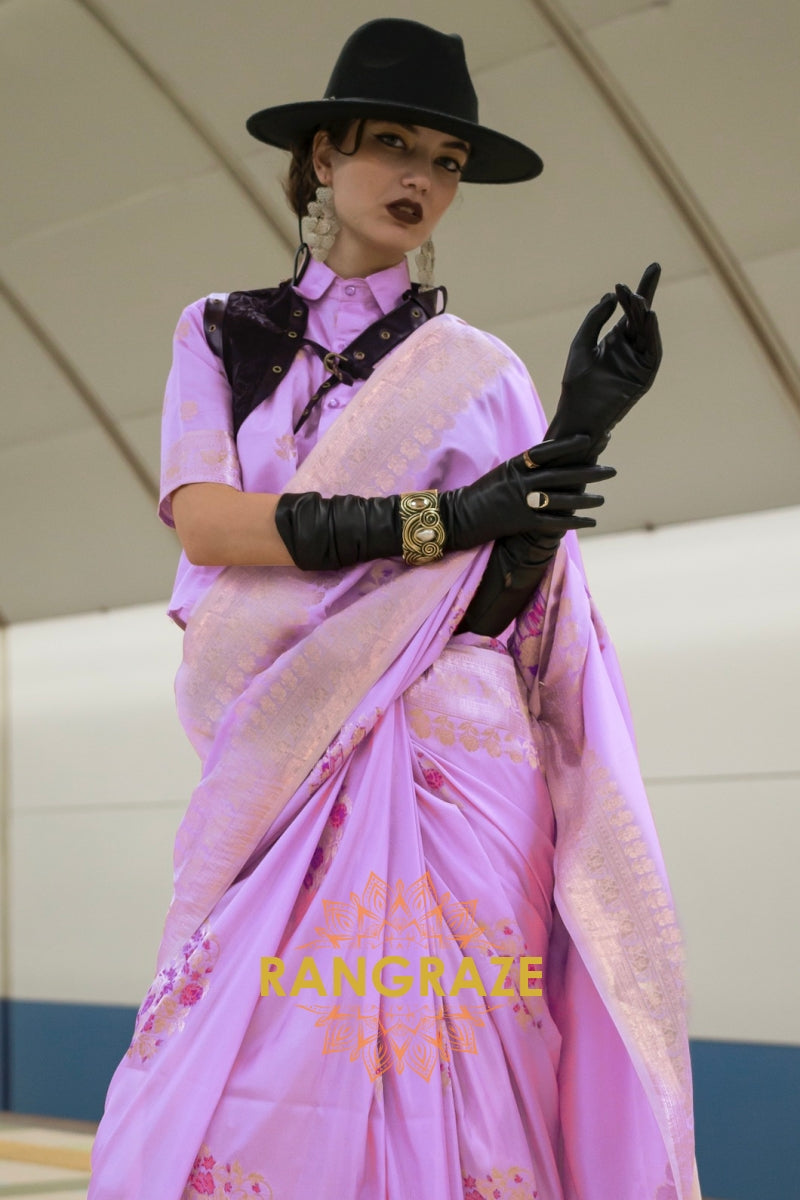 Lilac Bloom Handloom Woven Banarasi Silk Saree