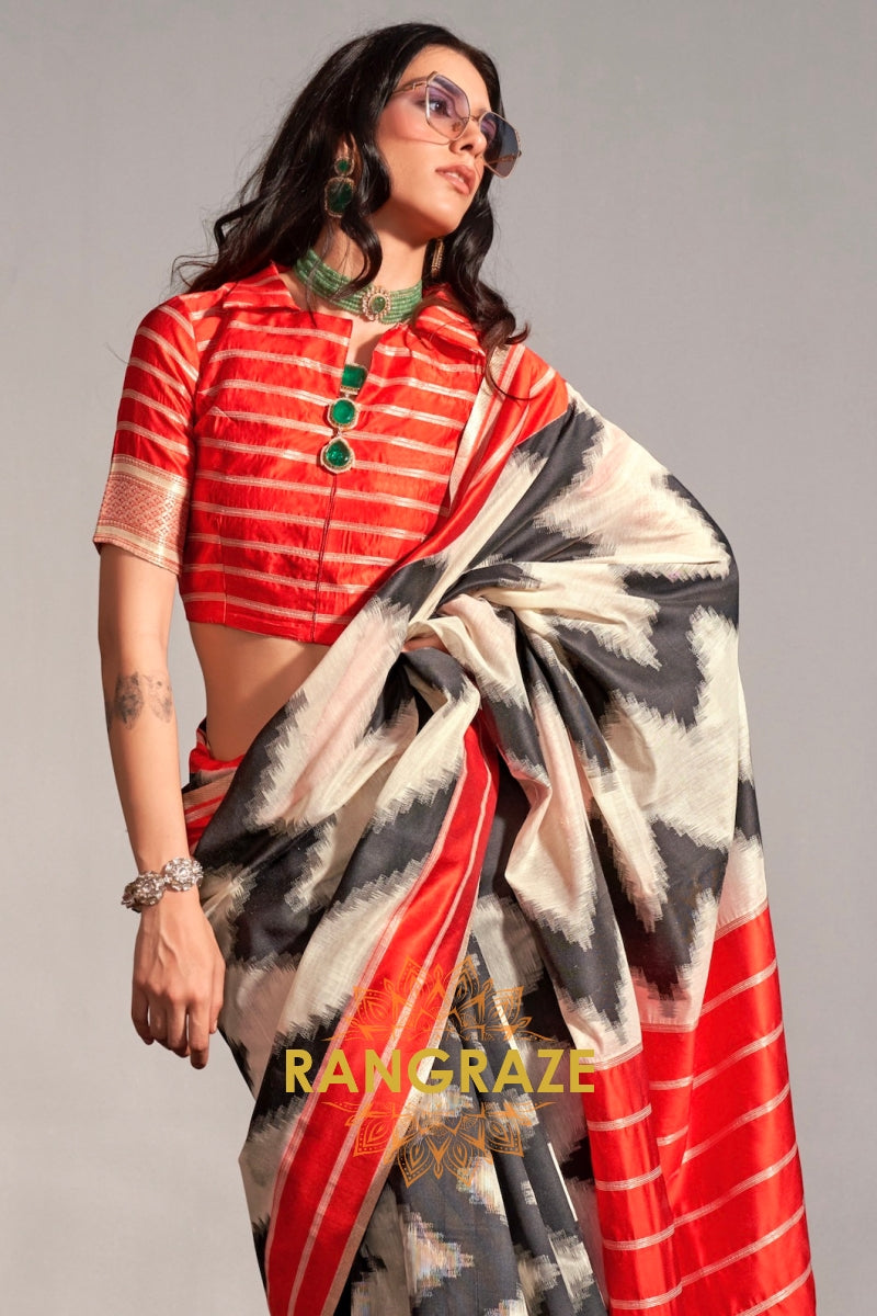 Pearl White and Black Handwoven Banarasi Soft Silk Saree
