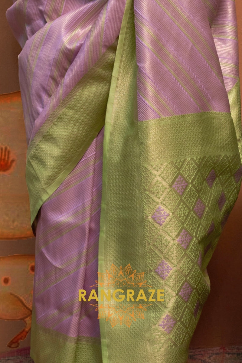 Lilac Purple And Olive Green Banarasi Silk Saree