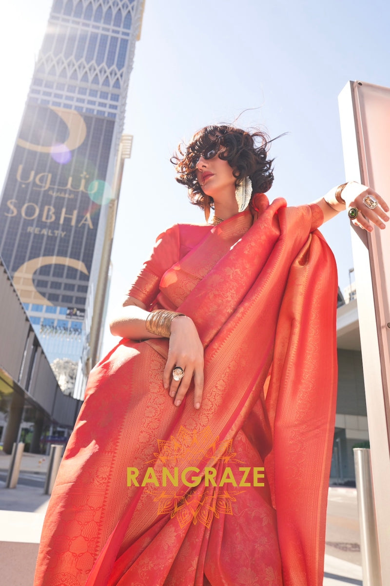 Coral Orange Banarasi Silk Handloom Saree