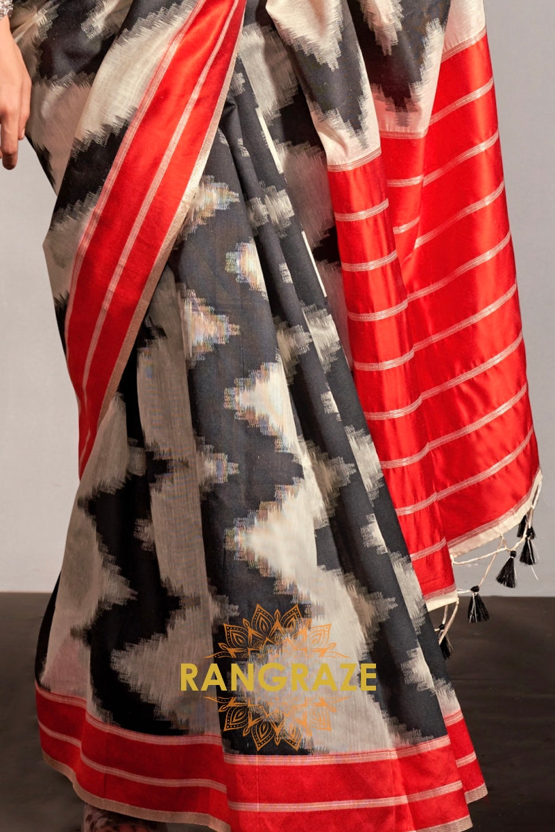 Pearl White and Black Handwoven Banarasi Soft Silk Saree