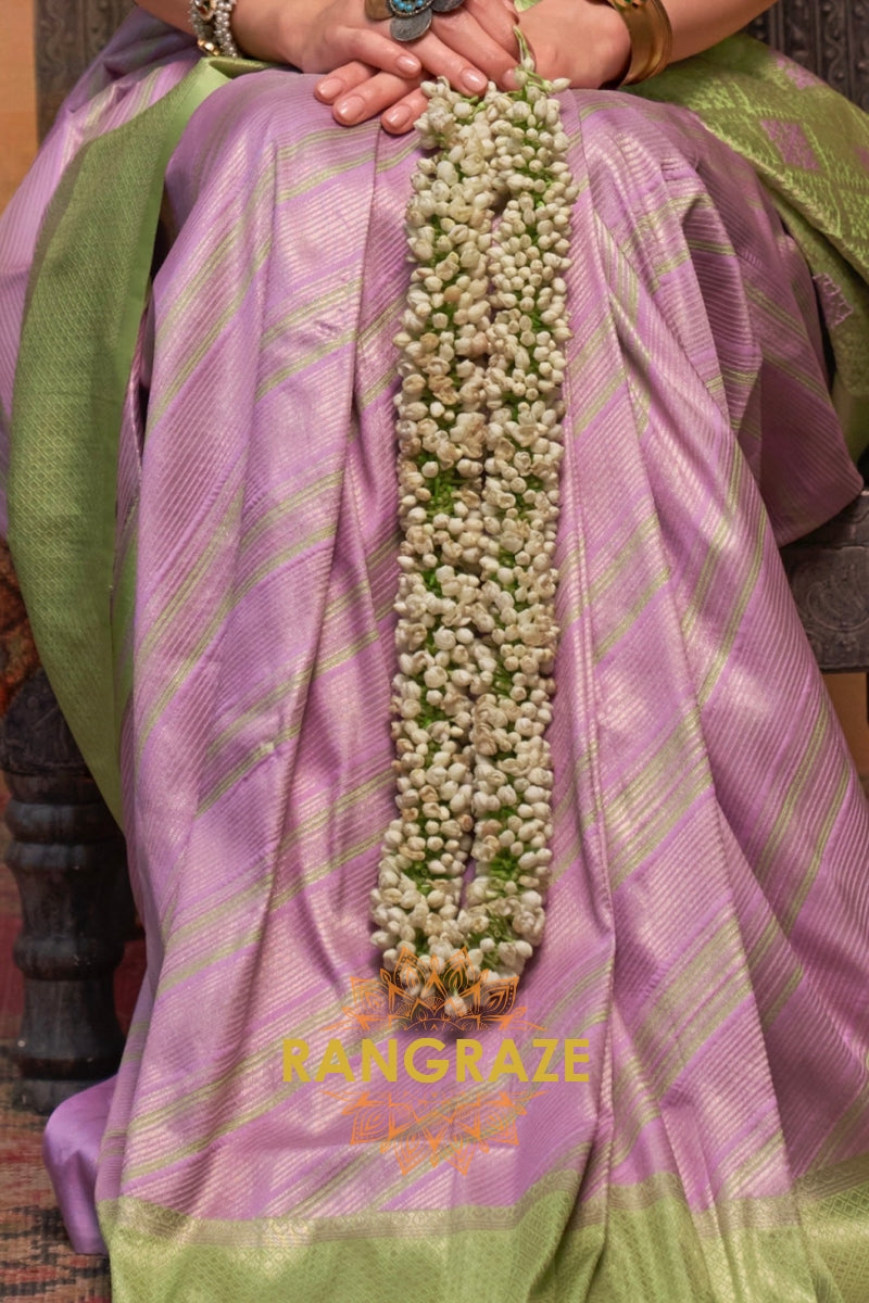 Lilac Purple And Olive Green Banarasi Silk Saree