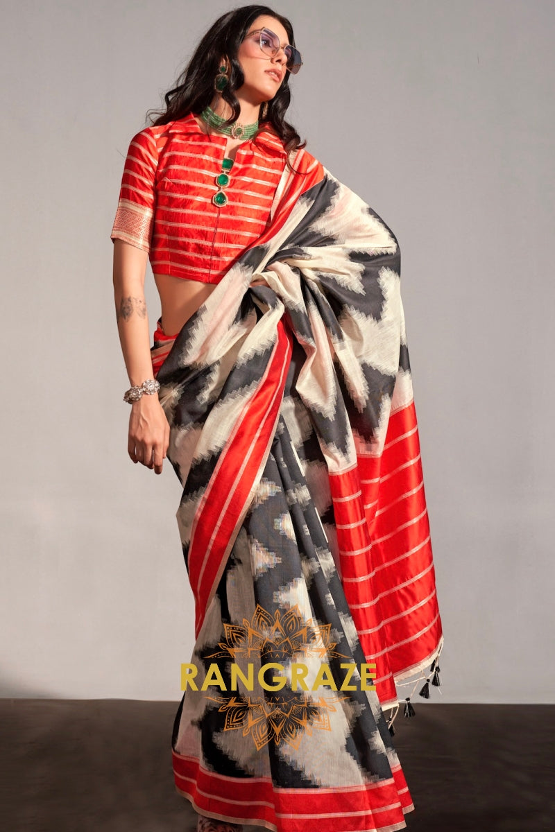 Pearl White and Black Handwoven Banarasi Soft Silk Saree