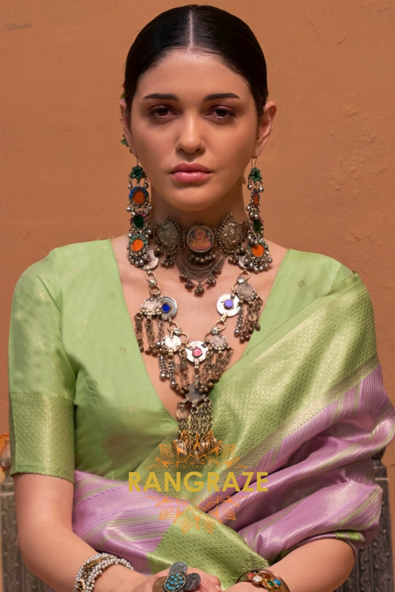 Lilac Purple And Olive Green Banarasi Silk Saree