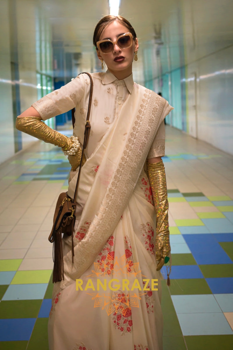 Ivory White Handloom Woven Banarasi Silk Saree