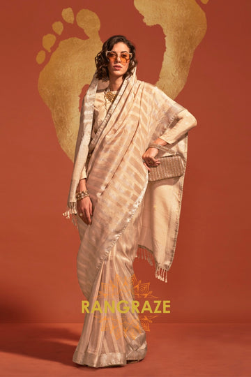 Champagne Cream Elegance Handloom Woven Banarasi Silk Saree