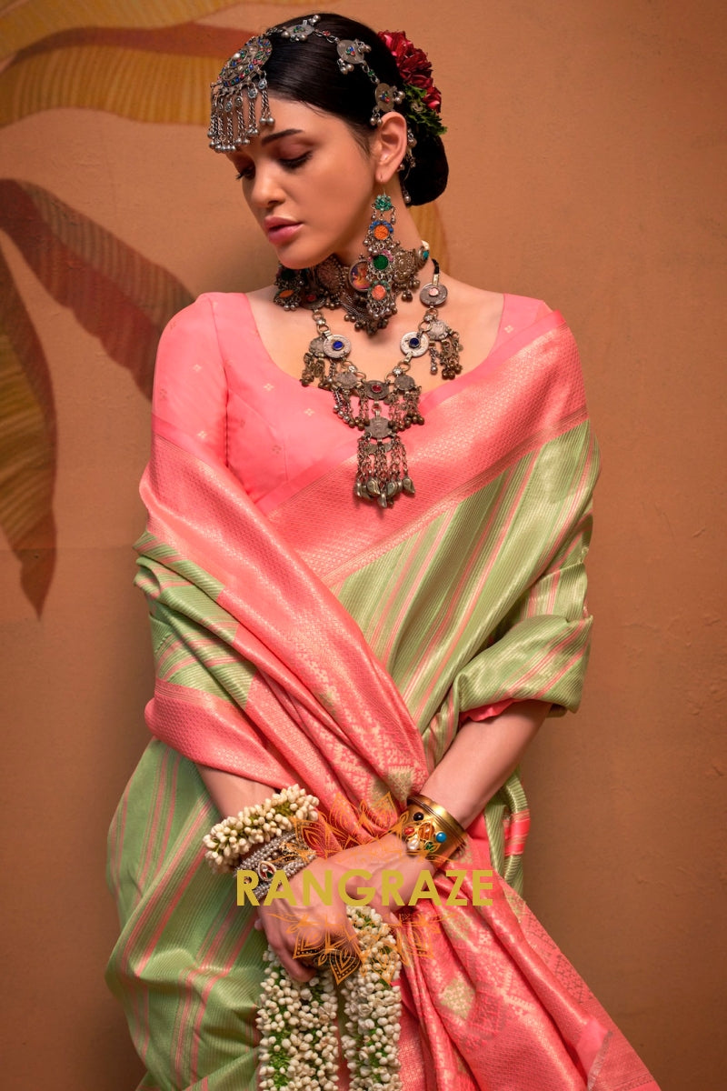 Pastel Green And Pink Banarasi Silk Saree