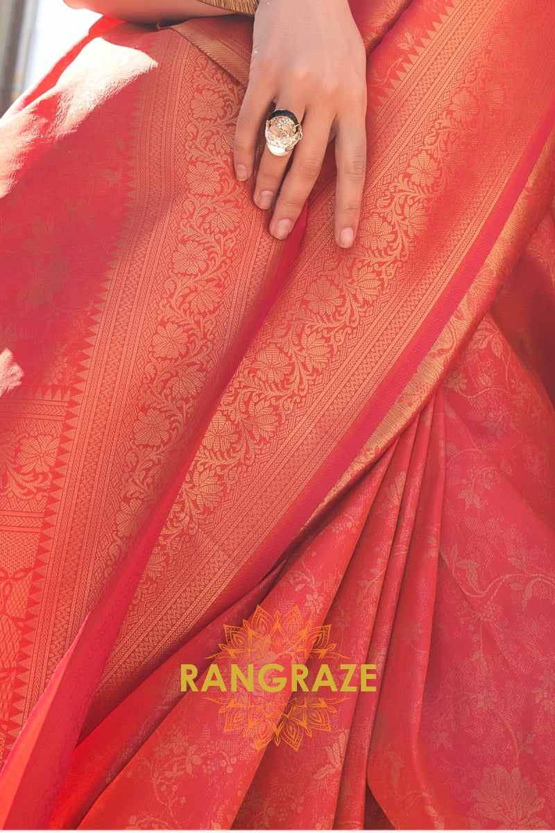 Coral Orange Banarasi Silk Handloom Saree