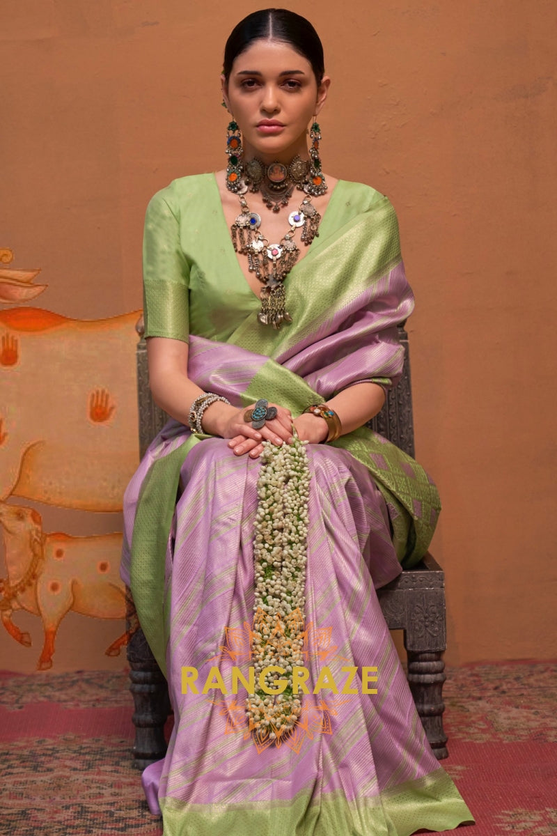 Lilac Purple And Olive Green Banarasi Silk Saree