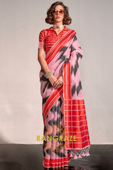 Baby Pink and Black Handwoven Banarasi Soft Silk Saree