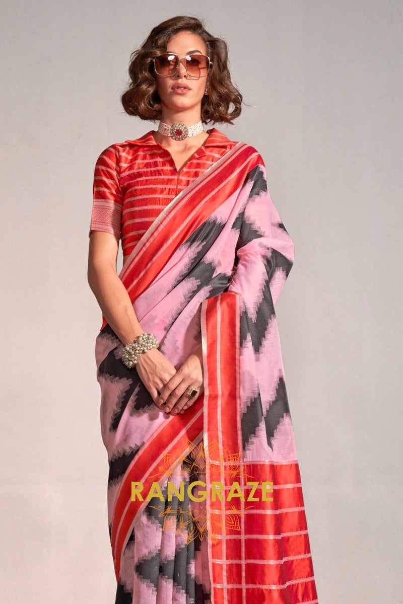 Baby Pink and Black Handwoven Banarasi Soft Silk Saree