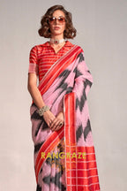Baby Pink and Black Handwoven Banarasi Soft Silk Saree