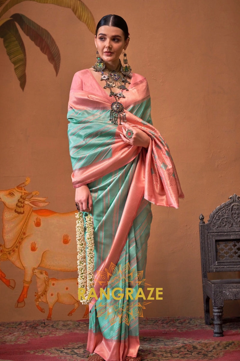 Sea Green And Blush Pink Banarasi Silk Saree