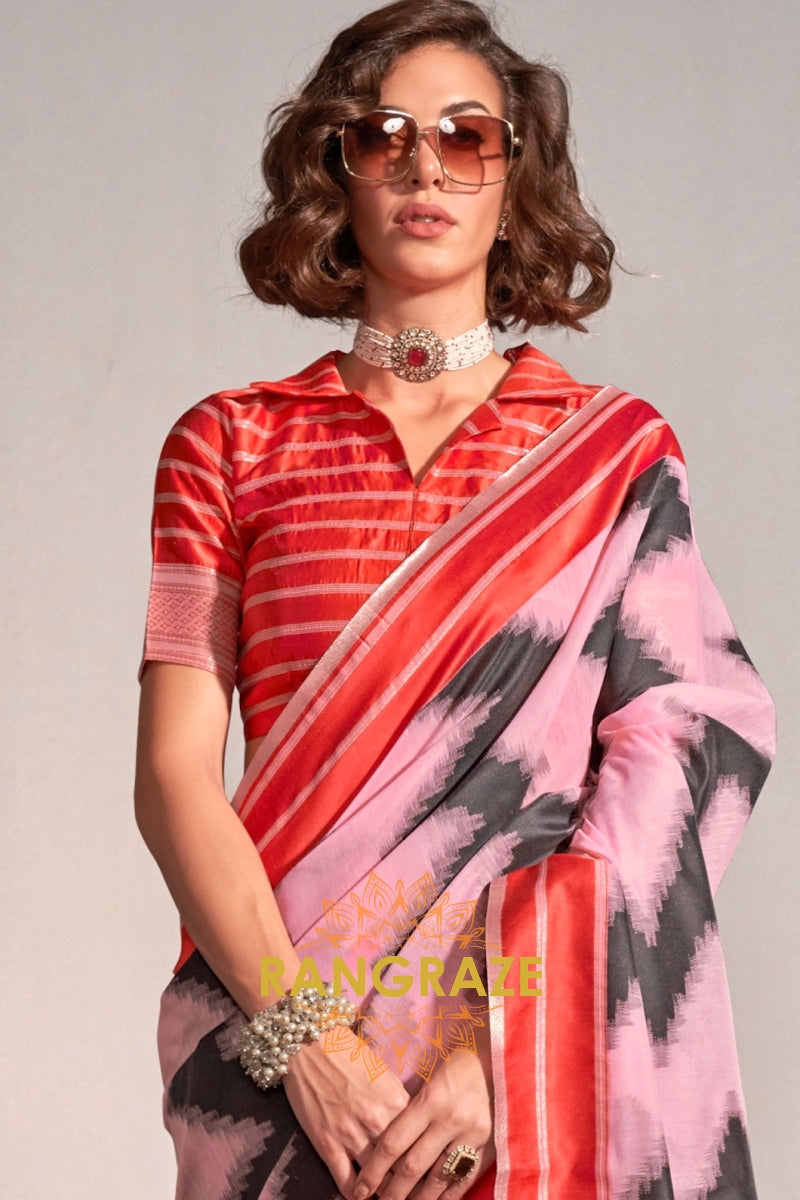 Baby Pink and Black Handwoven Banarasi Soft Silk Saree