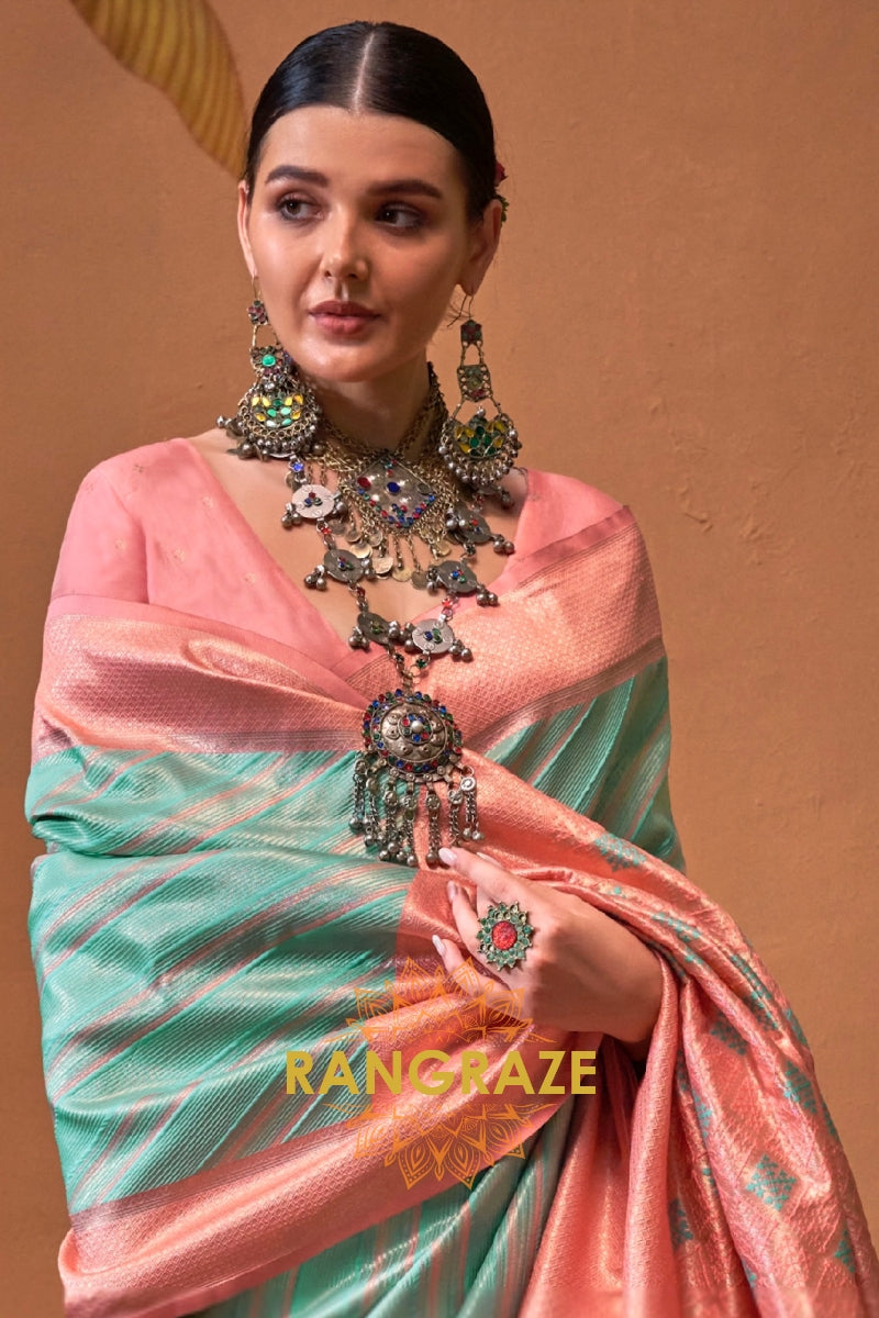 Sea Green And Blush Pink Banarasi Silk Saree