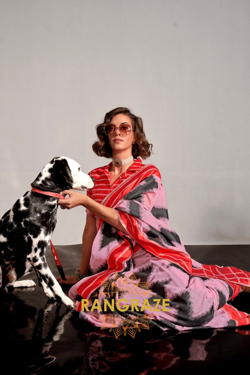 Baby Pink and Black Handwoven Banarasi Soft Silk Saree
