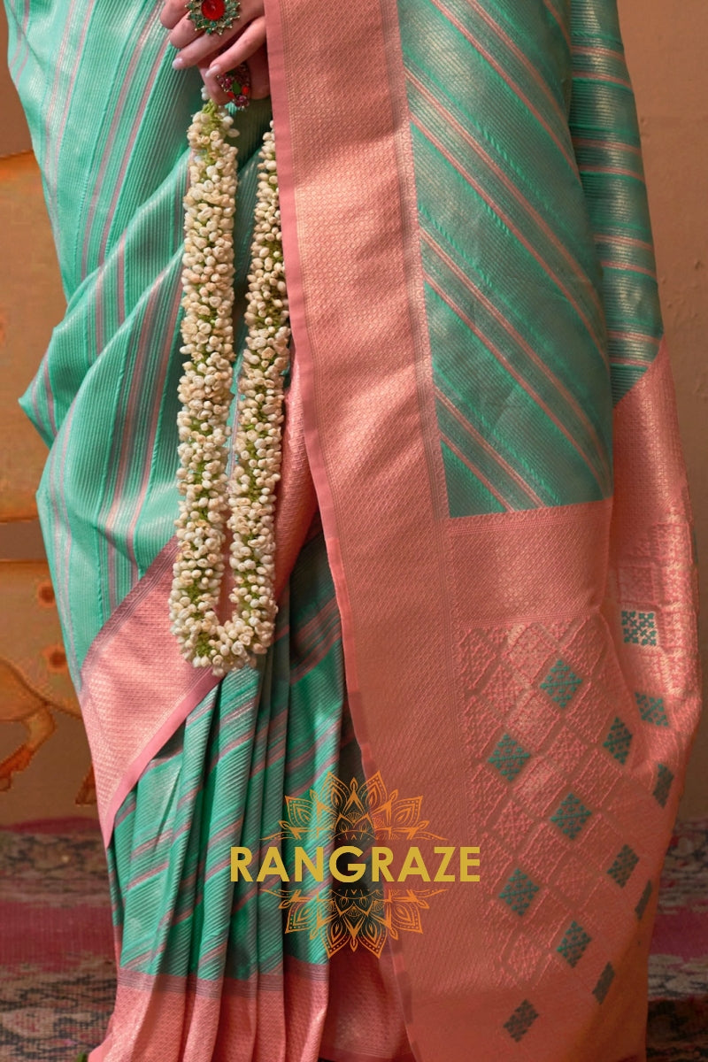 Sea Green And Blush Pink Banarasi Silk Saree