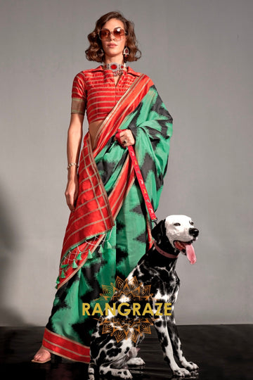 Turquoise and Black Handwoven Banarasi Soft Silk Saree