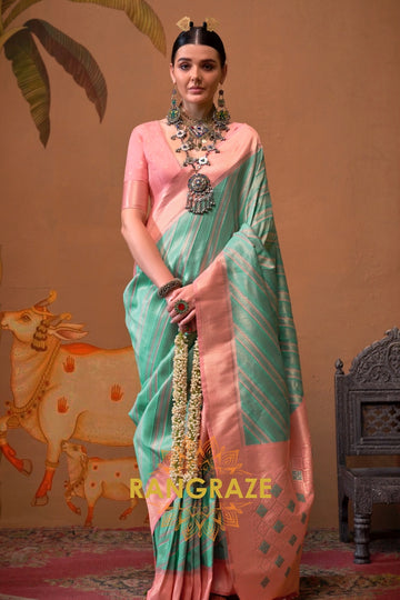 Sea Green And Blush Pink Banarasi Silk Saree