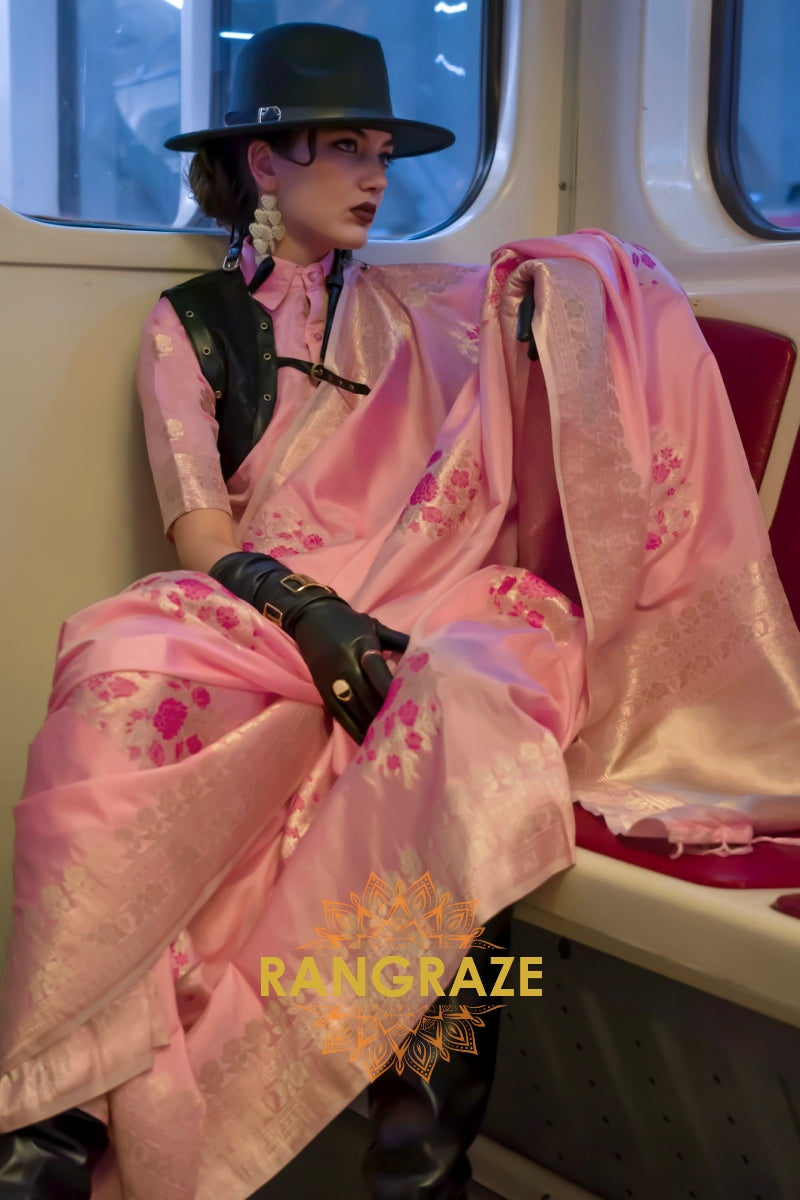 Pink Rose Petal Handloom Woven Banarasi Silk Saree