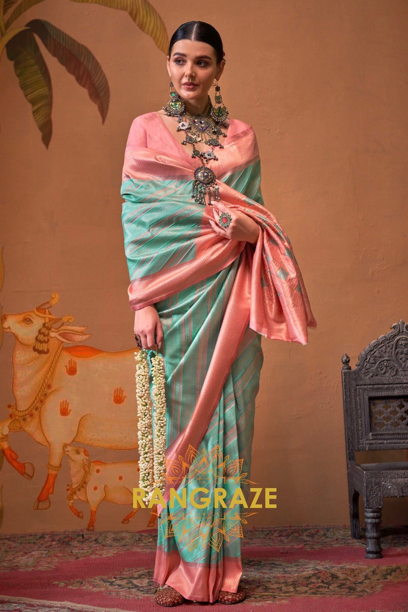 Sea Green And Blush Pink Banarasi Silk Saree