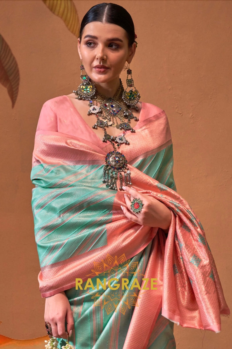 Sea Green And Blush Pink Banarasi Silk Saree
