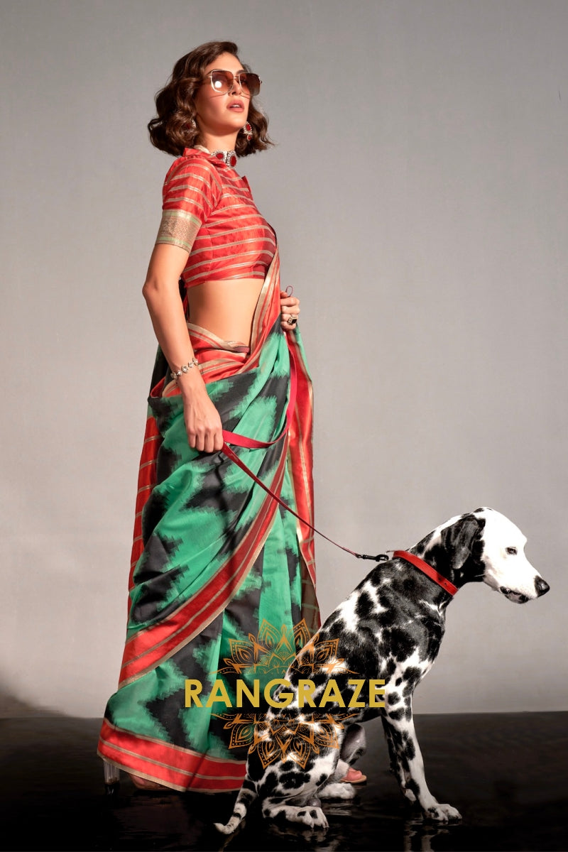 Turquoise and Black Handwoven Banarasi Soft Silk Saree