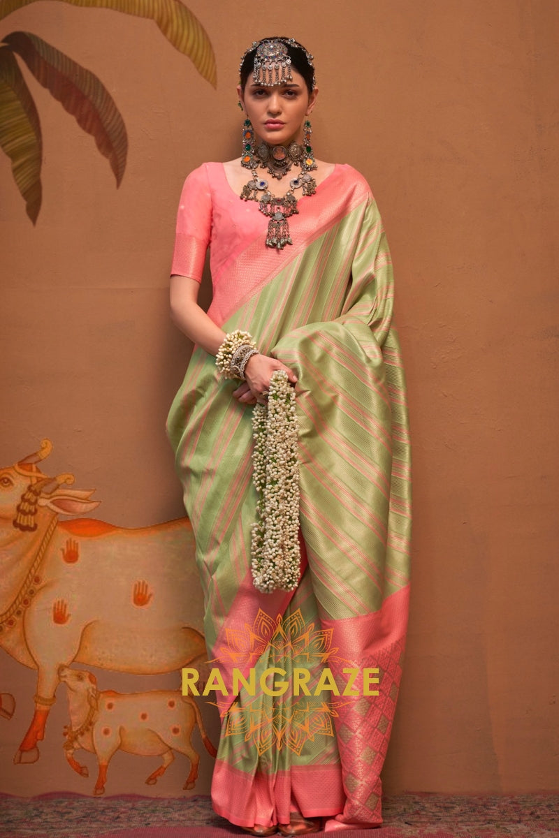 Pastel Green And Pink Banarasi Silk Saree