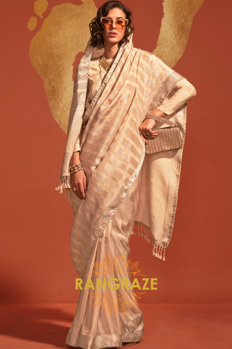 Champagne Cream Elegance Handloom Woven Banarasi Silk Saree
