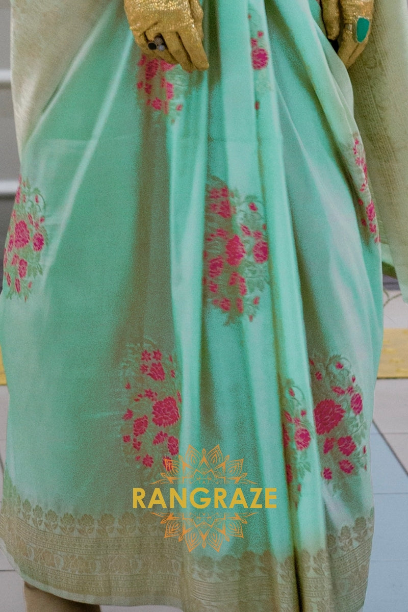 Turquoise Green Blossom Handloom Woven Banarasi Silk Saree