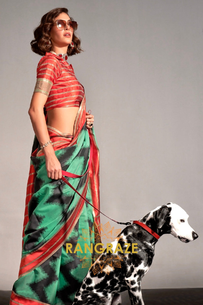 Turquoise and Black Handwoven Banarasi Soft Silk Saree