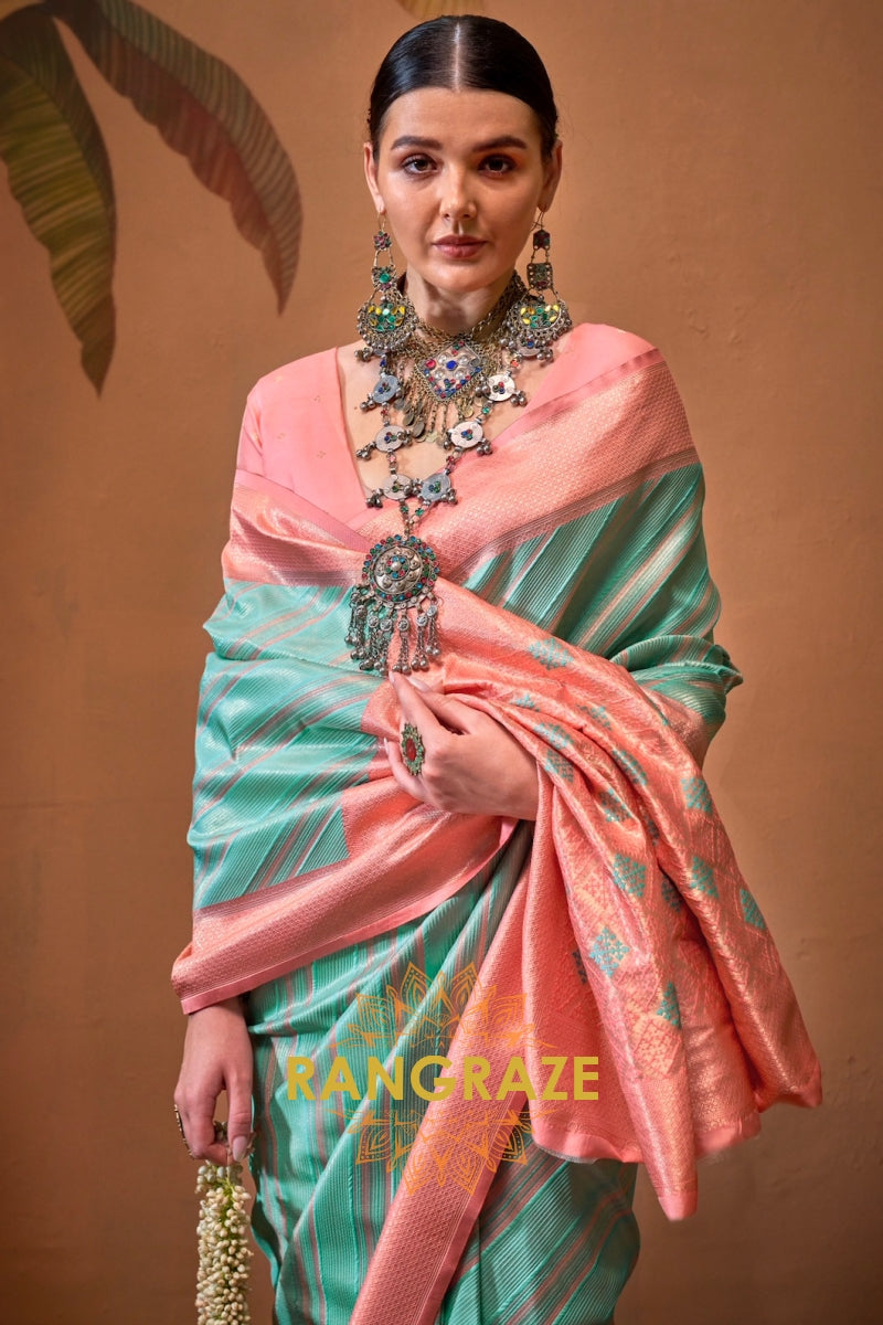 Sea Green And Blush Pink Banarasi Silk Saree