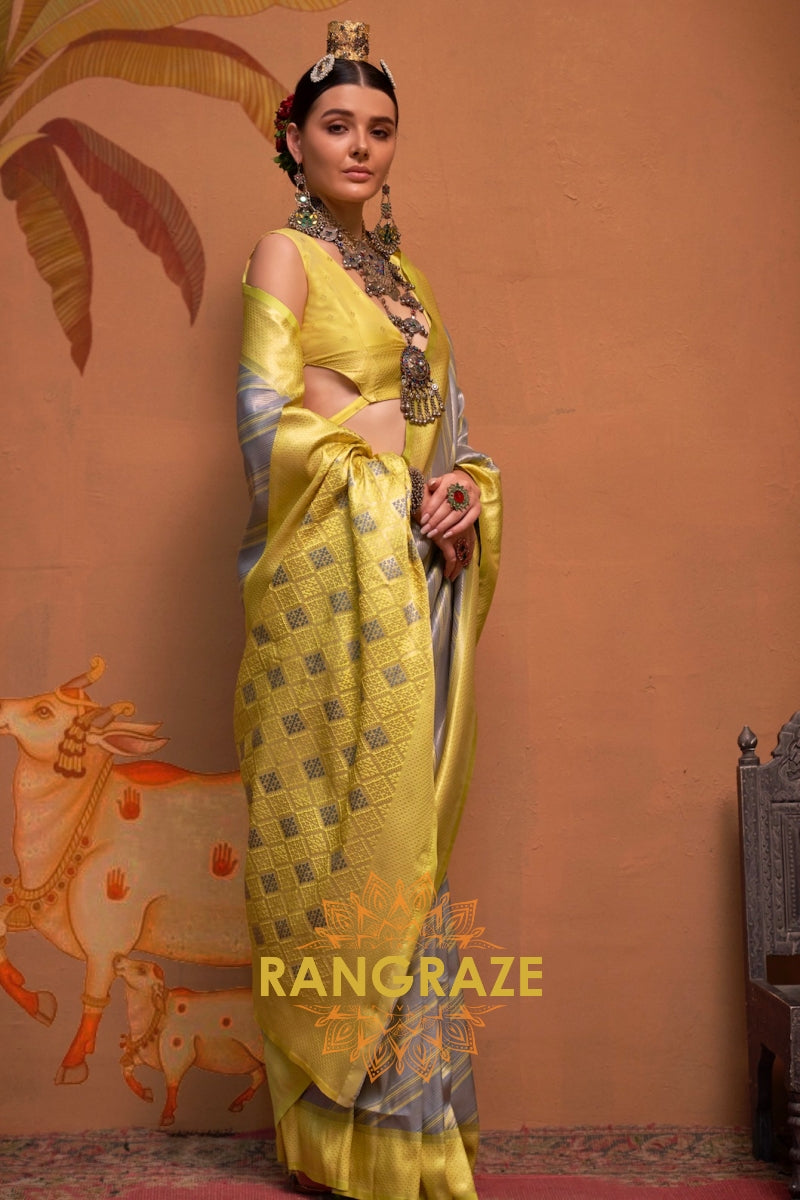 Grey And Lemon Yellow Banarasi Silk Saree