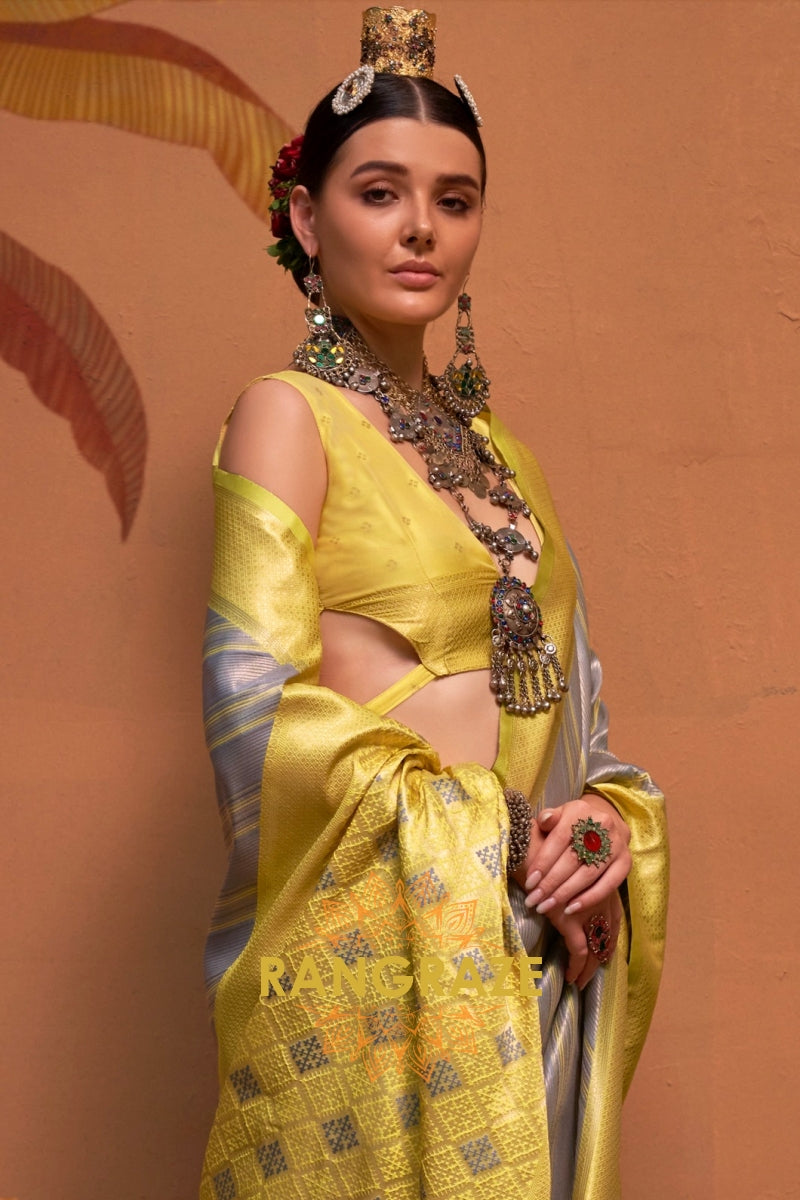 Grey And Lemon Yellow Banarasi Silk Saree