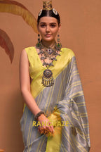 Grey And Lemon Yellow Banarasi Silk Saree