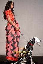 Coral and Black Handwoven Banarasi Soft Silk Saree