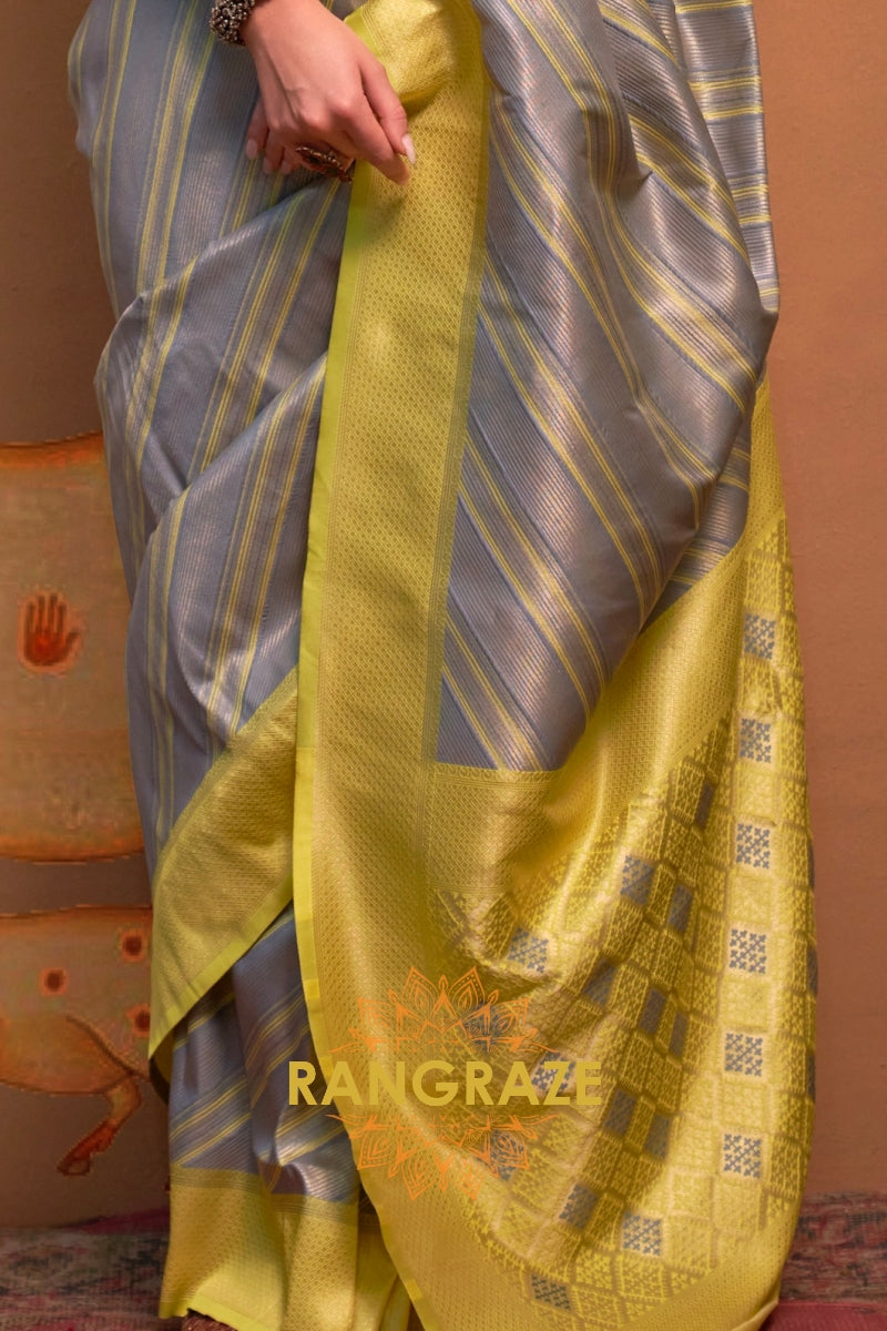 Grey And Lemon Yellow Banarasi Silk Saree