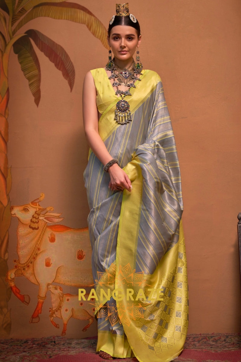 Grey And Lemon Yellow Banarasi Silk Saree